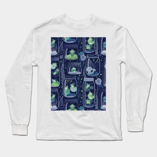 Glowing in the moss // pattern // blue background jars with lightning fireflies bugs quirky whimsical and bioluminescence lampyridae beetles Long Sleeve T-Shirt